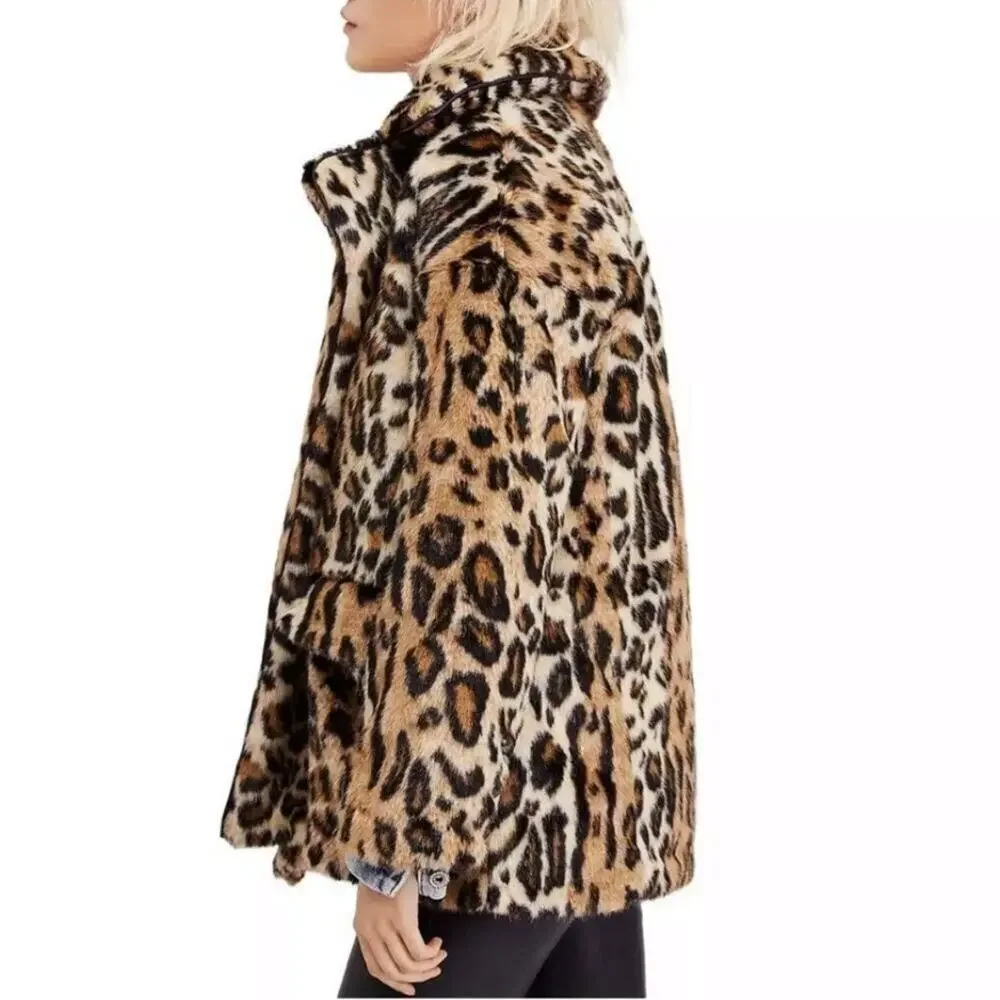 Free People Kate Leopard Print Faux Fur Oversized Coat Jacket Size XS